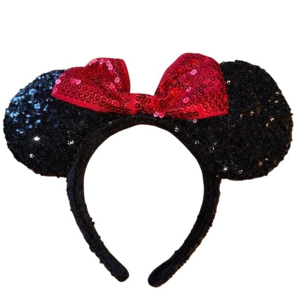 Disney Parks Minnie Mouse Ears Headband Black Sequin Ears Red Bow One Size